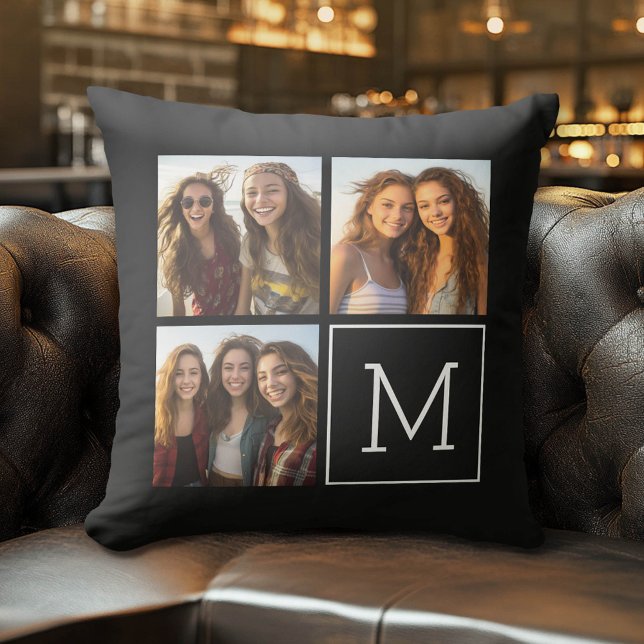 Coussin Collage photo tendance noir et blanc avec Monogram (Custom Photo Pillow)