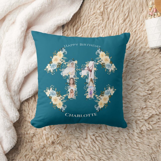 Coussin Collage photo turquoise Fleur Jaune 11e anniversai (Couverture)