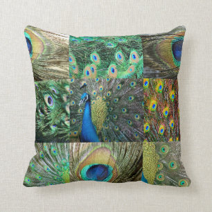 Coussin Collage vert-bleu de photo de paon
