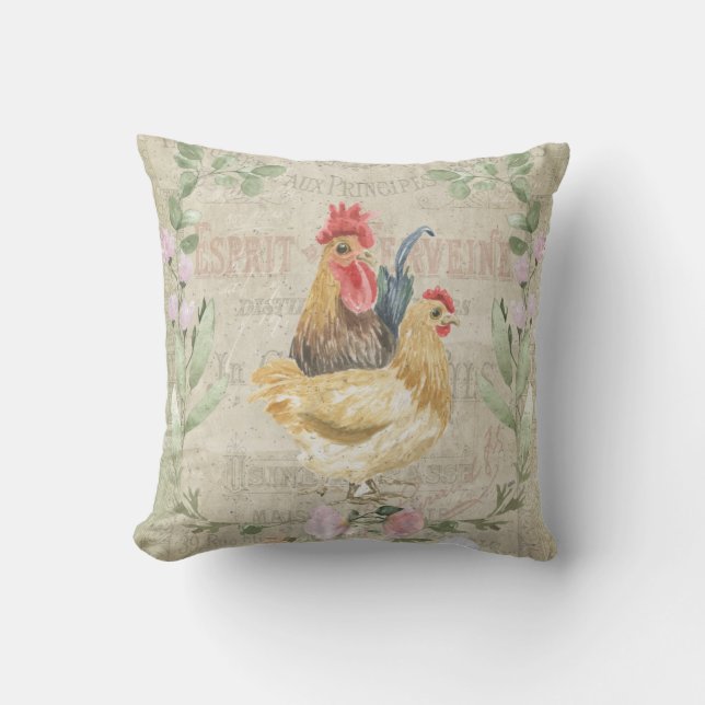 Coussin Collage vintage - coqs et fleurs (Recto)