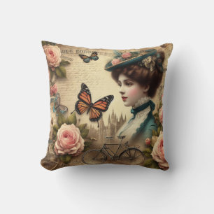 Coussin Collage vintage de dame victorienne et de vélos