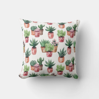 Coussin Collection de cactus dans des pots, aquarelle.