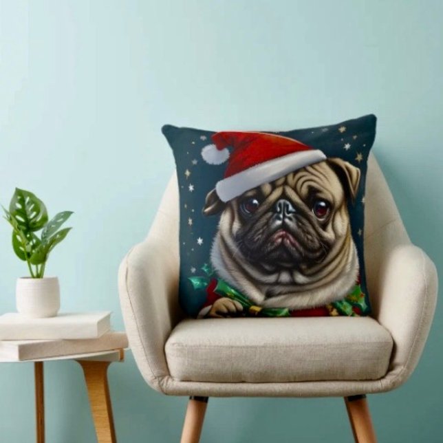 Coussin Collection Puggy Claus (Throw Pillow 100% polyester heavyweight stretch material. Hidden zipper Made in the USA.)