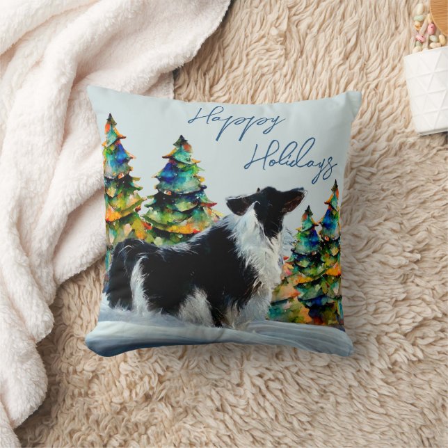 Coussin Collie frontalier en hiver Arbre de Noël de neige (Couverture)