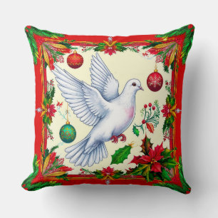 Coussin Colombe blanche dans un cadre rouge festif