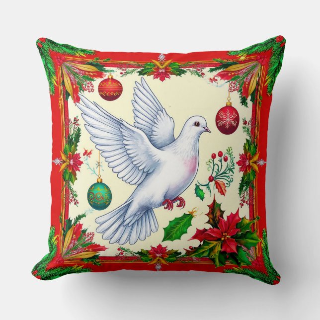 Coussin Colombe blanche dans un cadre rouge festif (Recto)