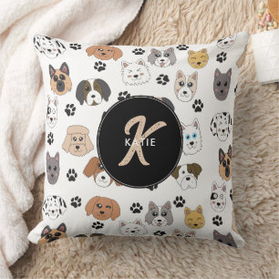 Coussin Coloré mignon Chiens amusants & Chien Paw Monogram