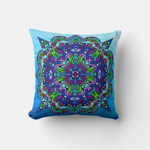 Coussin Coloré violet, Bleu, Vert Mandala