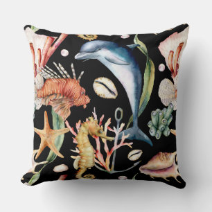 Coussin Colorée Nautique Sous-marin Animal marin LIfe Noir