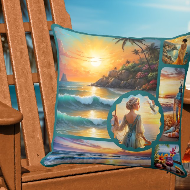 Coussin Colorful Beach Photo Collage Boho Chic  (Colorful artistic beach house pillow featuring boho fun paintings or your custom photos)
