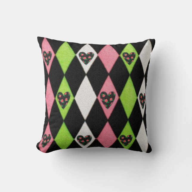 Coussin Colorful harlequin Print with Rose Hearts (Recto)