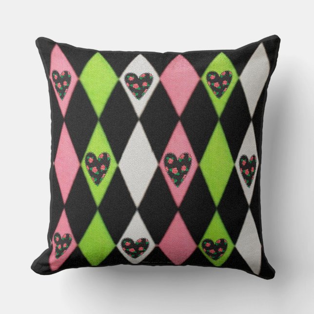 Coussin Colorful harlequin Print with Rose Hearts (Recto)