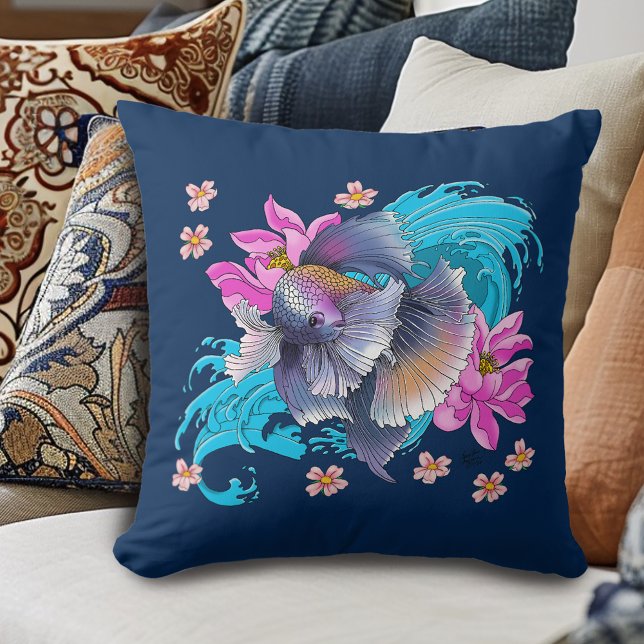 Coussin Combattant du Siam Poisson Betta Vagues de Lotus B (Créateur téléchargé)
