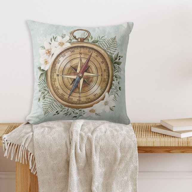 Coussin Compas Floral Fleurs Aquarelle et Feuilles Vertes (In situ on bench)