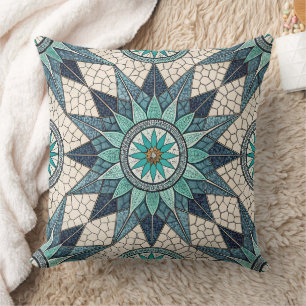 Coussin Compas Mosaïque Indigo Turquoise – Vitrail