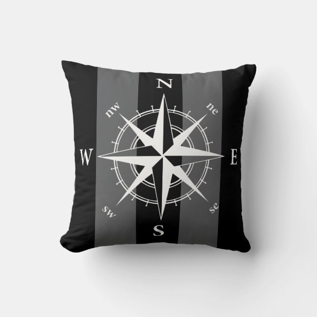 Coussin Compas nautique noir blanc bandes verticales (Recto)
