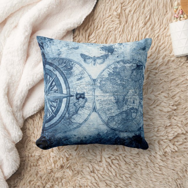 Coussin Compas vintage | Bleu Grunge carte marine (Couverture)