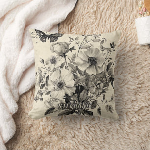 Coussin Composition florale antique - Papillon monochrome