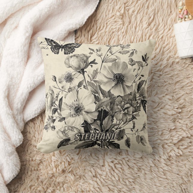Coussin Composition florale antique - Papillon monochrome (Couverture)