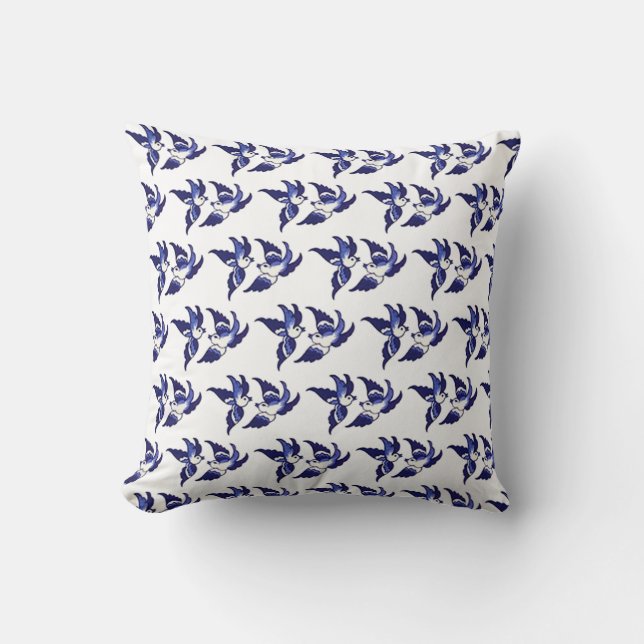 Coussin Conception bleue classique d'oiseau de saule (Recto)