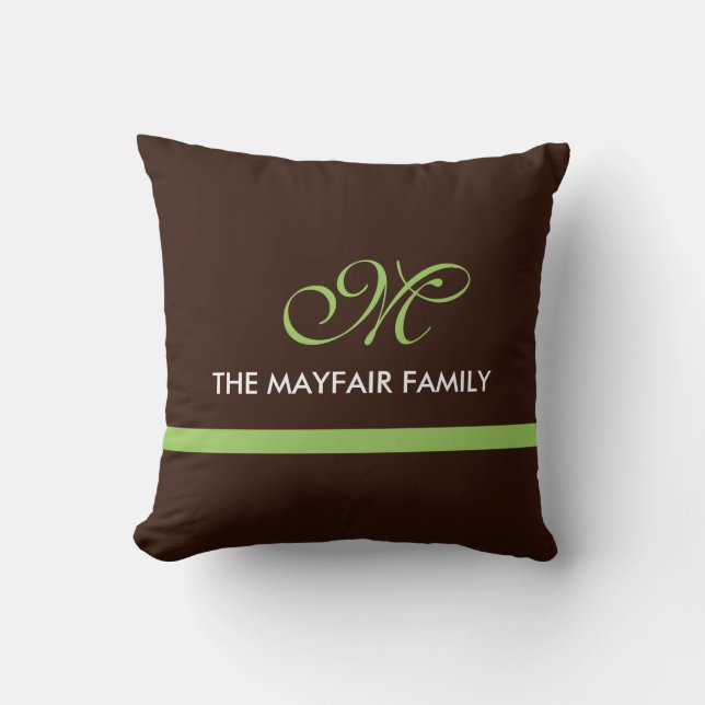 Coussin Conception Brown de monogramme de famille de vert (Recto)