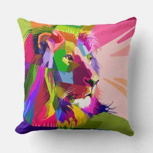 Coussin Conception d'art pop prismatique coloré de lion