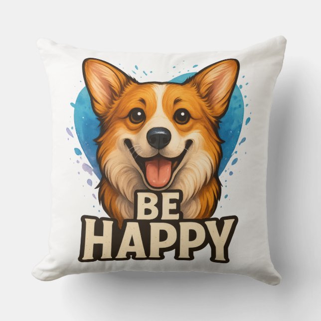 Coussin Conception de Corgi Heureux pour Amoureux de Chien (Recto)