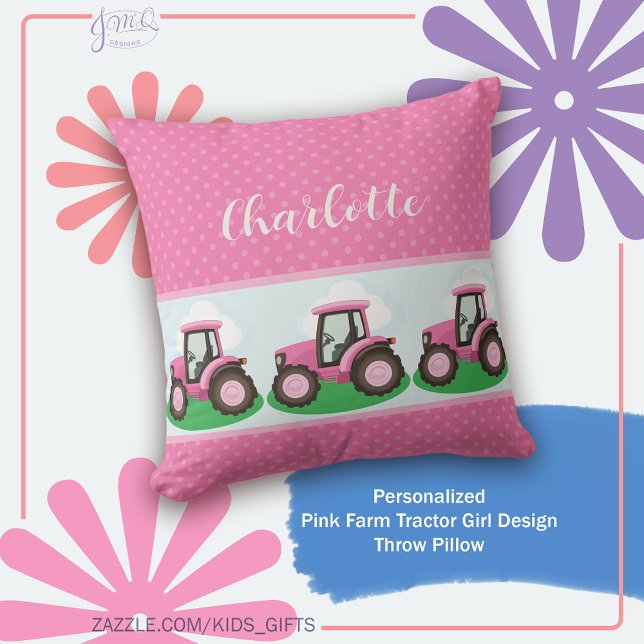 Coussin Conception de fille de tracteur de ferme rose pers (Cute pink farm tractor design with a sweet girly feel and personalized name accent)
