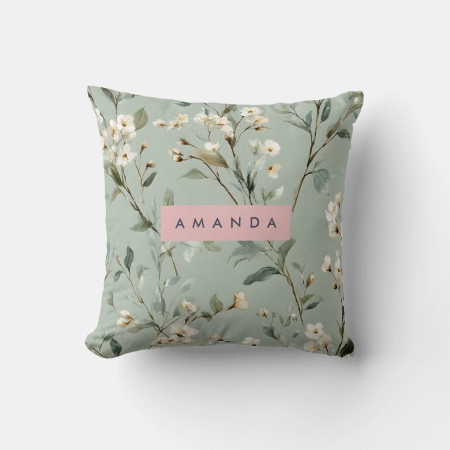 Coussin Conception de fleurs vert pastel doux personnalisé (Recto)