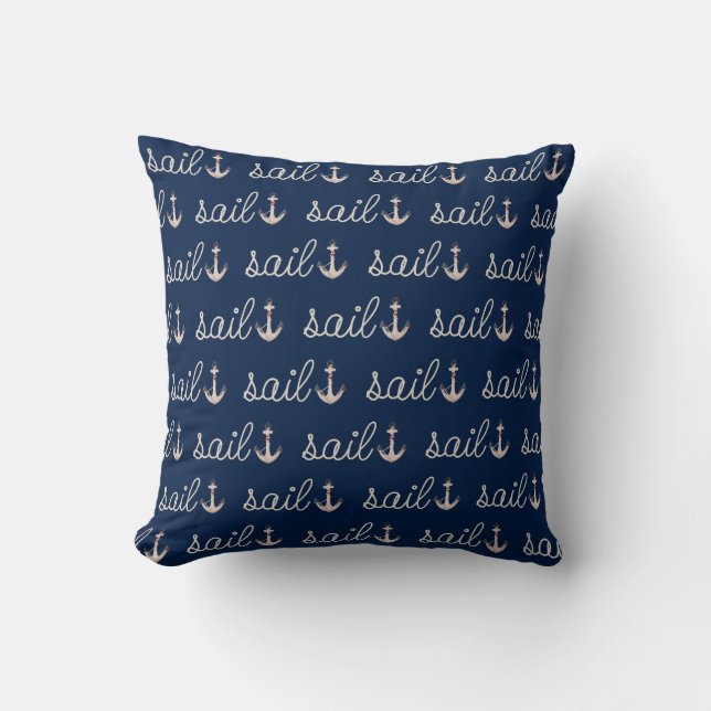 Coussin Conception de la Corde à voile avec Ancre sur Bleu (Recto)
