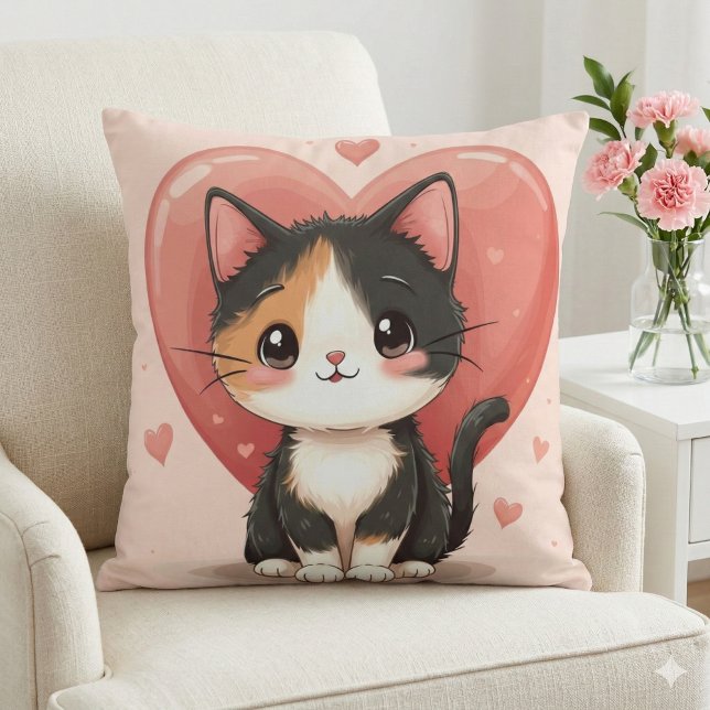 Coussin Conception de la Saint-Valentin Cœur de Chat Calic (Kawaii Calico Cat Heart Valentine Design 2 Throw Pillow Mockup A )