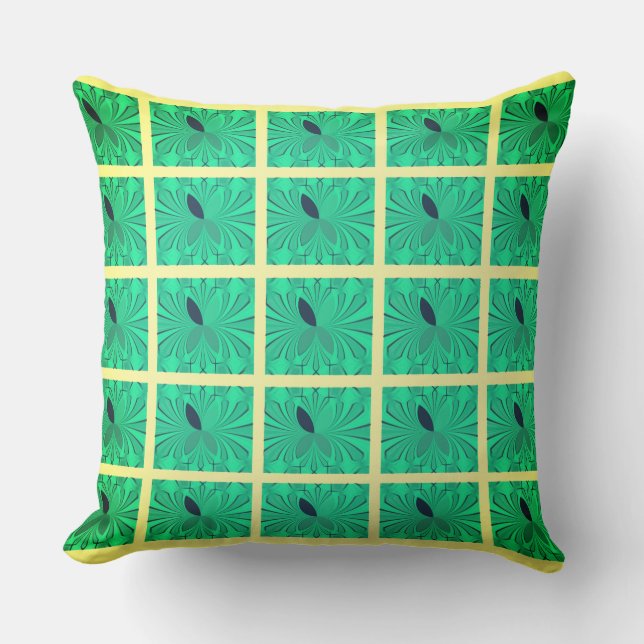 Coussin Conception de l'ampli Aqua et grille jaune beurre (Recto)