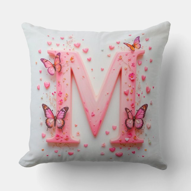 Coussin Conception de lettre M rose avec papillons (Recto)