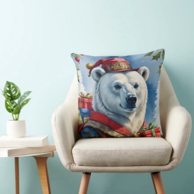Coussin Conception de Noël de Santa ours polaire (Throw Pillow 100% polyester heavyweight stretch material. Hidden zipper Made in the USA.
)