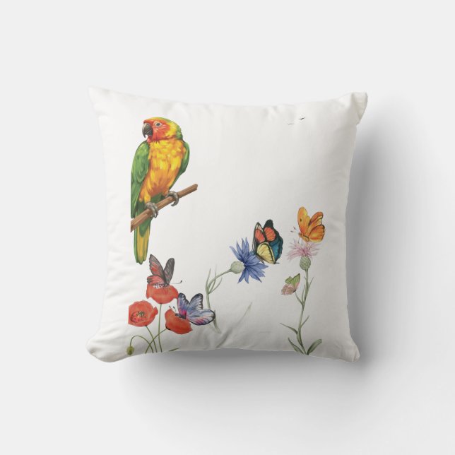 Coussin conception de perroquet et papillons à l'aquarelle (Recto)
