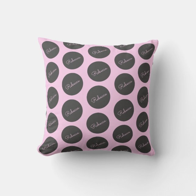 Coussin Conception de points polka rose et gris rétro-mode (Recto)