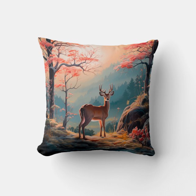 Coussin Conception de scène forestière avec cerfs automnal (Recto)