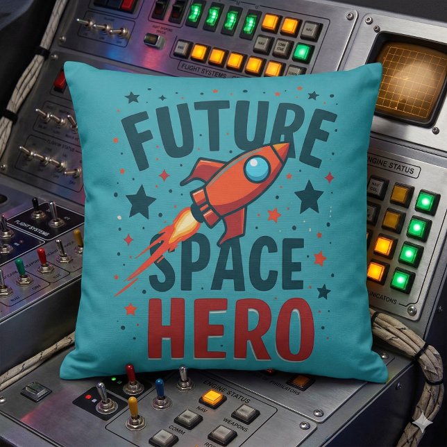 Coussin Conception de vaisseau spatial rétro de héros de l (Future Space Hero Retro Rocket Ship Design Throw Pillow Mockup A)