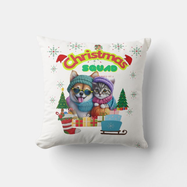 Coussin Conception d'équipe de Noël de chien et chat migno (Recto)