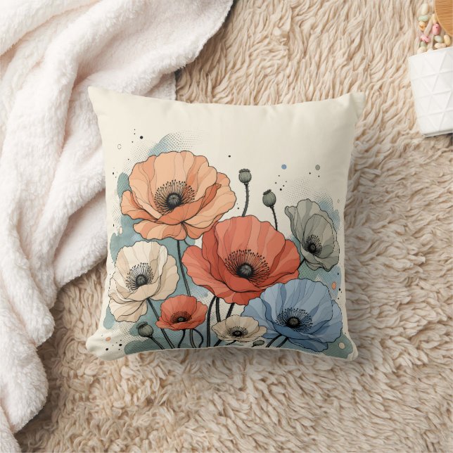 Coussin Conception élégante de fleurs bleues et de pêches (Couverture)