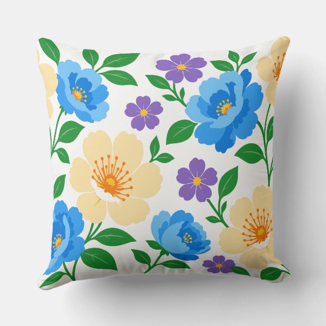 Coussin Conception florale avec des fleurs bleues, crème e (Verso)