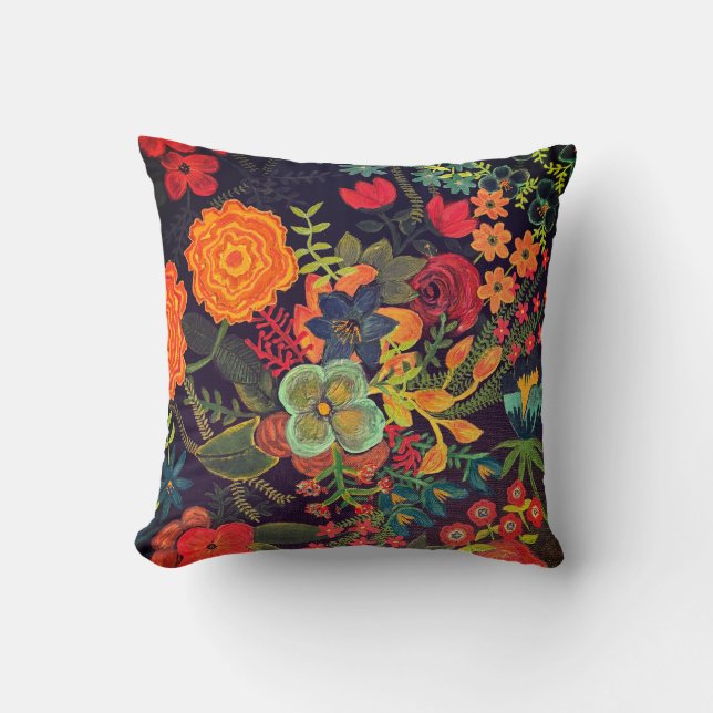 Coussin Conception florale de peinture acrylique boho (Recto)