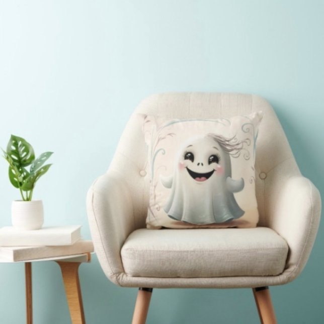 Coussin Conception Halloween d'un ami fantomatique adorabl (Throw Pillow 100% polyester heavyweight stretch material. Hidden zipper Made in the USA.
)