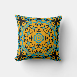 Coussin Conception Kaléidoscope, Bleu Clair, Or, Noir
