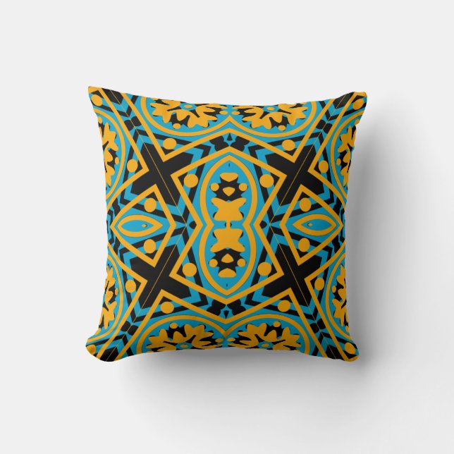 Coussin Conception Kaléidoscope, Bleu Clair, Or, Noir (Recto)
