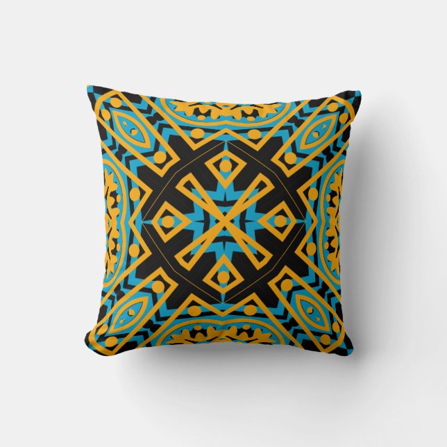 Coussin Conception Kaléidoscope, Bleu Clair, Or, Noir (Recto)