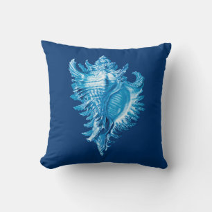 Coussin Conch Shell Sea Life Imprimer, Indigo bleu et blan