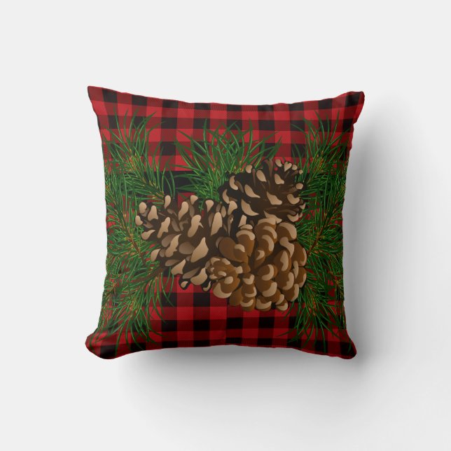 Coussin Cône de pin à carreaux rouges et noirs de campagne (Recto)
