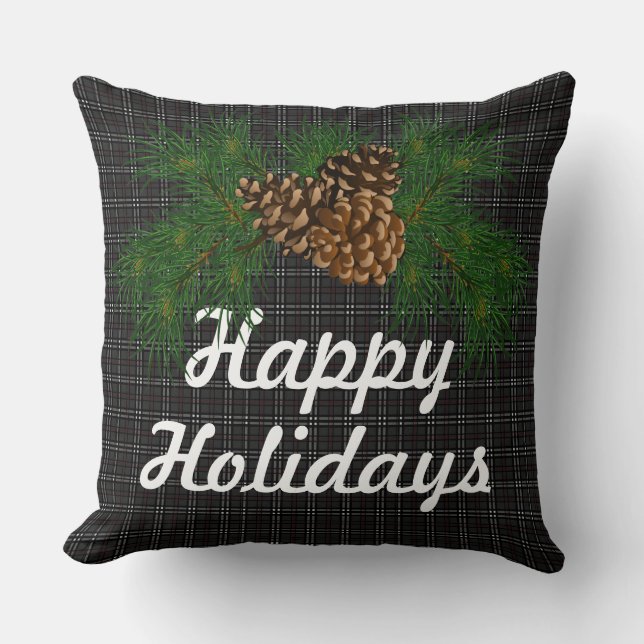 Coussin Cône de pin noir rustique - vacances heureuses (Recto)