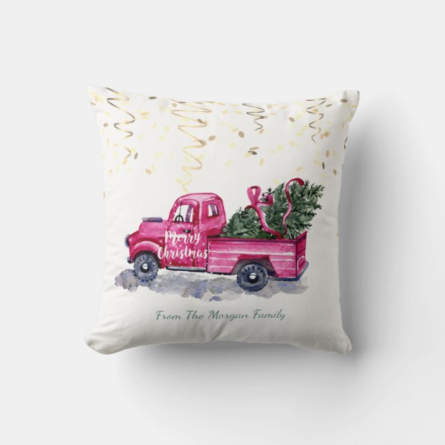 Coussin Confettis, camion rose de Noël, sapin de Noël   (Recto)